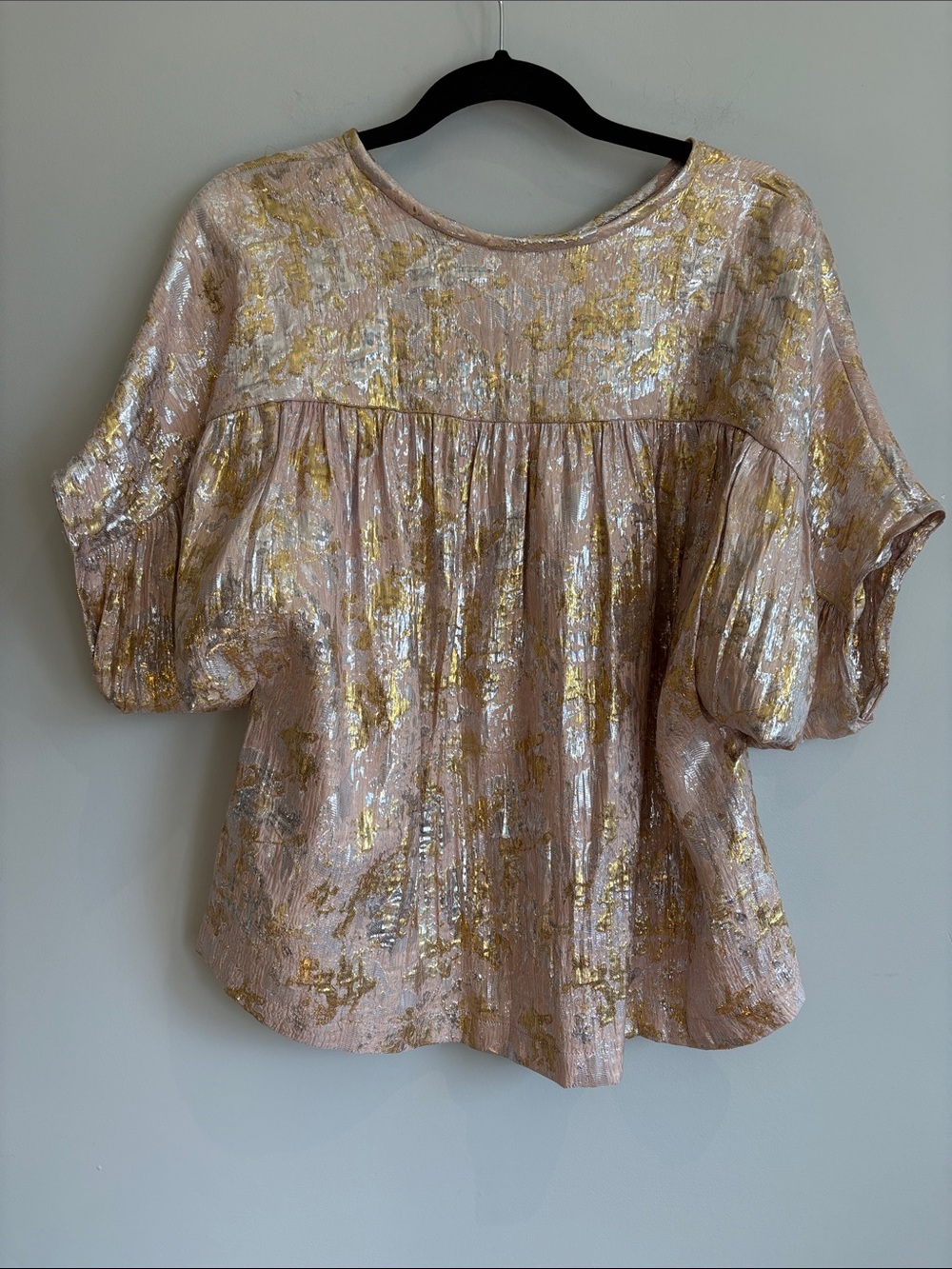 Masscob Spain 52% Silk Metallic Gold Jacquard Blouse M